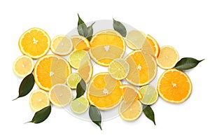 Composition with cut citrus fruits on white background