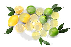 Composition with cut citrus fruits on white background