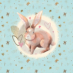 Composition with cute rabbit illustration, hearts and stars