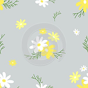 Composition of daisy flowers with leaves on a gray background