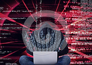 Composition of data processing and binary coding over hacker in hood using laptop