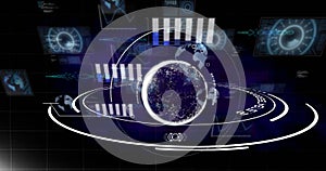 Composition of data processing with statistics over globe on blue background
