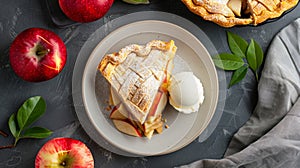 Composition with delicious apple pie top view