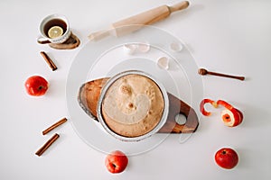 Composition with delicious apple pie on white background. Fresh baked apple pie tart. Fall autumn concept.Top view, flatlay