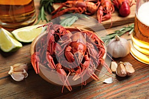 Composition with delicious red boiled crayfishes on table, closeup