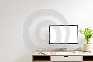 Composition of desktop computer with copy space on white background