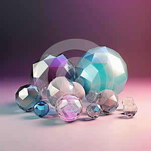 Composition of diamond crystals, frosted plastic spheres, shining iridescent colors. Generative AI