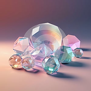 Composition of diamond crystals, frosted plastic spheres, shining iridescent colors. Generative AI