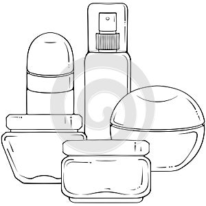 Composition of different bottles for cosmetics line art