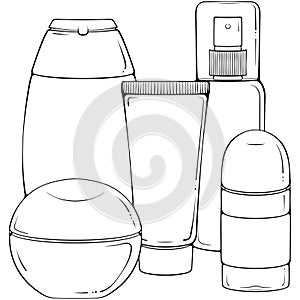 Composition of different bottles for cosmetics line art