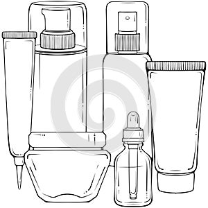 Composition of different bottles for cosmetics line art