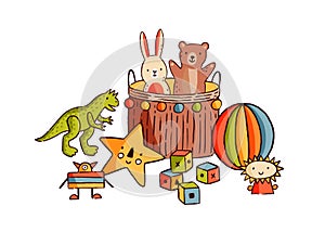Composition of different childish toys vector flat illustration. Various hand drawn elements for kids entertainment and