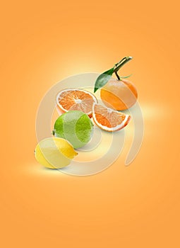 Composition of different citrus fruits on an orange background. Art processing of shadows and highlights