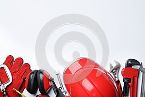 Composition with different construction tools on white