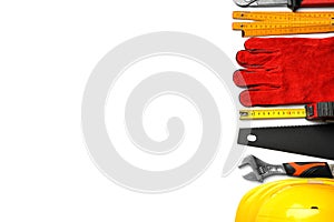 Composition with different construction tools on white