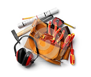 Composition with different construction tools on white