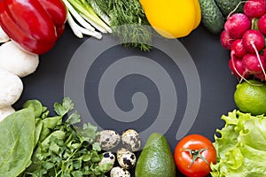 Composition with different fresh organic fruits and vegetables.