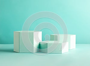 Composition of different geometric objects on pastel mint backdrop. Abstract background with hexagon shape podiums
