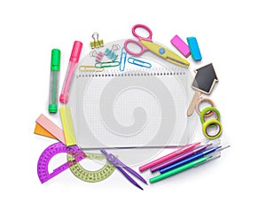 Composition with different school stationery on white background