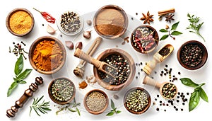 Composition with different spices and mortar on white background