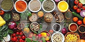 Composition with different spices and vegetables on wooden background, top view.