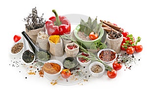 Composition with different spices on white background