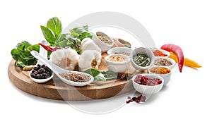 Composition with different spices on white background