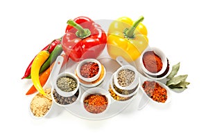 Composition with different spices on white background