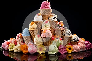 Composition of different types of ice cream in a cone