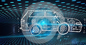 Composition of digital hexagons and blue spots over car drawing