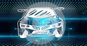 Composition of digital hexagons and blue spots over car drawing