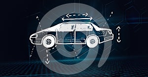 Composition of digital hexagons and blue spots over car drawing