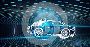 Composition of digital hexagons and blue spots over car drawing