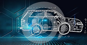 Composition of digital hexagons over car drawing