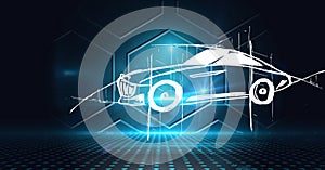 Composition of digital hexagons over car drawing