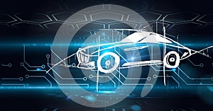 Composition of digital hexagons over car drawing