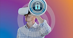 Composition of digital padlock icon with business man wearing vr headset