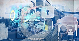 Composition of digital screen with data processing over man driving car