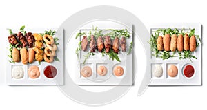 composition of dishes with fried and roasted barbecue chicken meat , and close-up sauces on white fond , from above ,