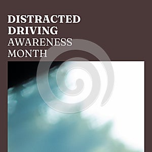Composition of distracted driving awareness month text on blue background with copy space