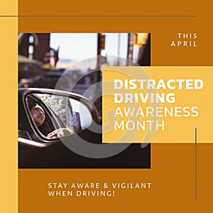 Composition of distracted driving awareness month text over biracial woman driving car