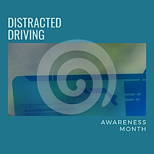 Composition of distracted driving awareness month text over digital screen