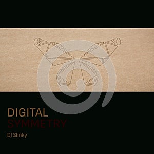 Composition of dj slinky digital symmetry text over drawing of butterfly on beige background