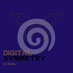 Composition of dj slinky digital symmetry text over drawing of butterfly on blue background