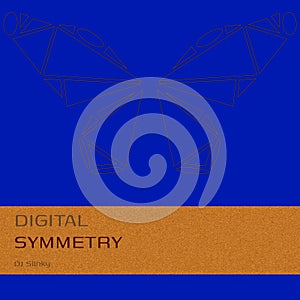 Composition of dj slinky digital symmetry text over drawing of butterfly on blue background