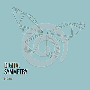 Composition of dj slinky digital symmetry text over drawing of butterfly on blue background