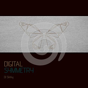Composition of dj slinky digital symmetry text over drawing of butterfly on grey background