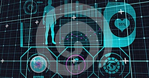 Composition of dna, human body, medical icons and data processing on black background