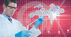 Composition of dna strand, brain and medical data processing on red background