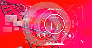 Composition of dna strand, brain and medical data processing on red background
